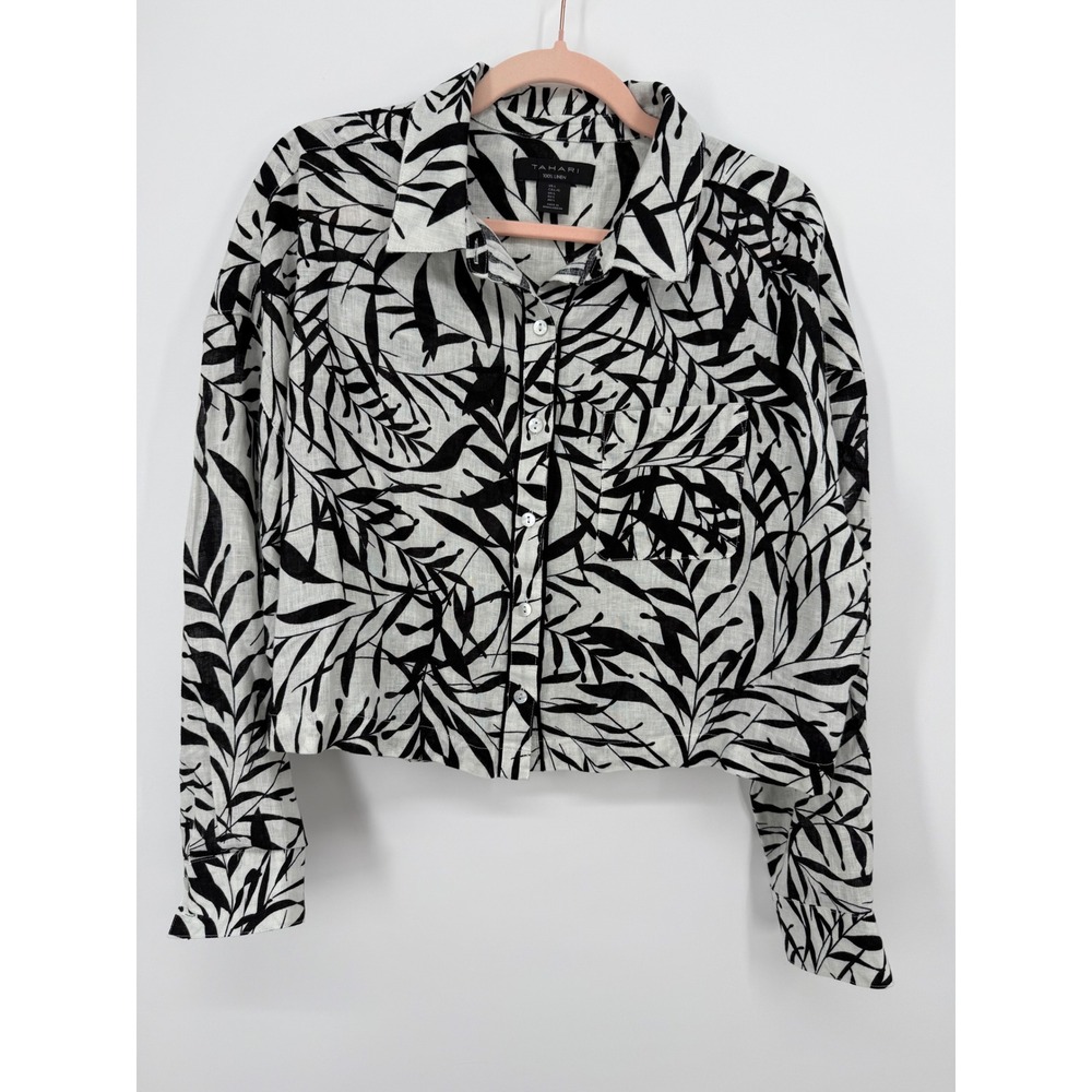 Tahari Button Down Shirt Womens Large Black White LINEN Botanical Cropped Leaf